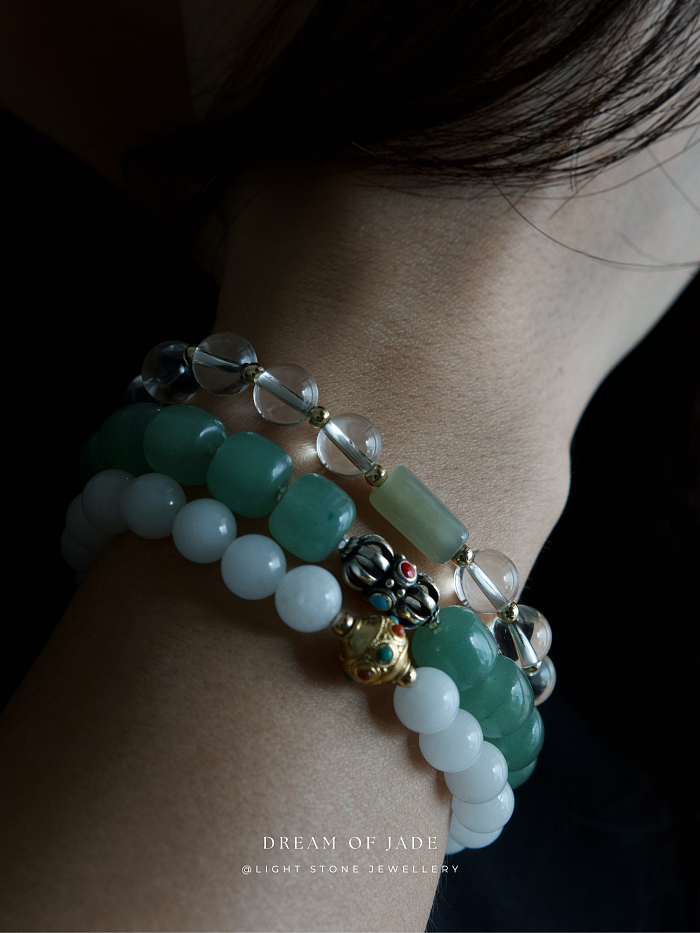 Misty Glimmer Bracelet with Hetian Green Jade, Clear Quartz, and 14k Gold-Filled Spacer Beads - Stretchable Design