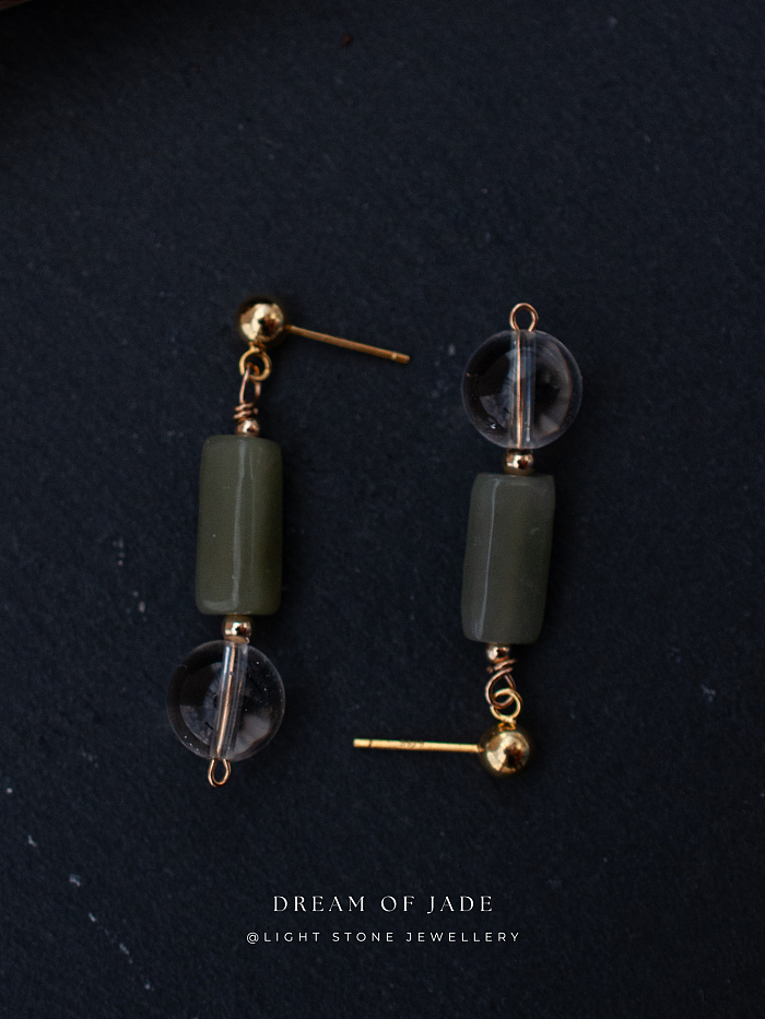 Misty Glimmer Earrings with Hetian Green Jade, Crystal, and Gold-Plated Sterling Silver