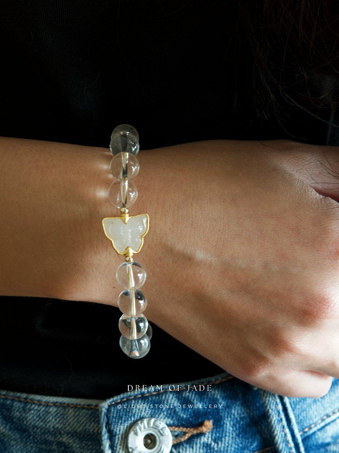Ethereal Butterfly Bracelet with Hetian White Jade and Clear Quartz Beads, 14k Gold Accents - Handmade Jewelry