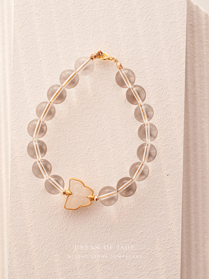 Ethereal Butterfly Bracelet with Hetian White Jade and Clear Quartz Beads, 14k Gold Accents - Handmade Jewelry