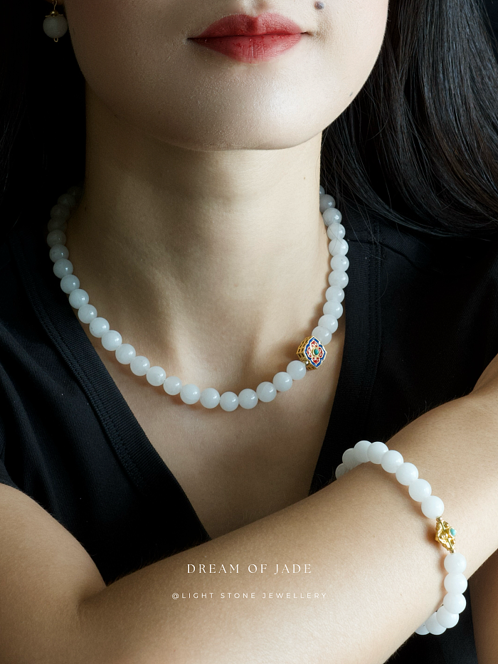 White Jade Blossom Necklace with Hetian Jade and Cloisonné Enamel, Sterling Silver Gold-Plated - Traditional Chinese Craftsmanship