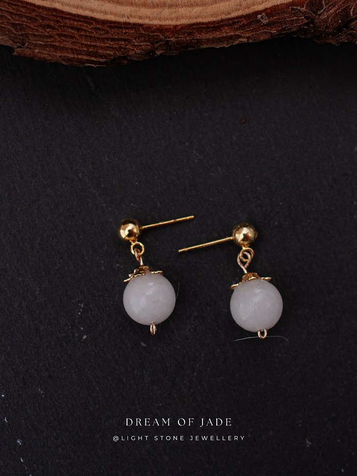 White Dew Earrings with Hetian White Jade and Gold-Plated Sterling Silver, Minimalist Design