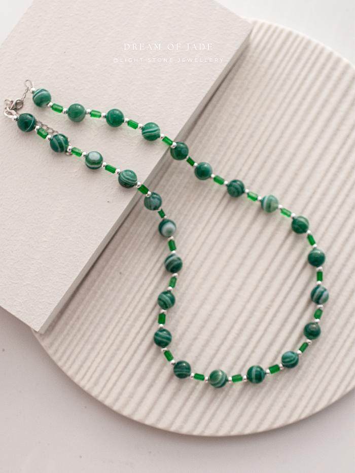 Emerald Stream｜Green Banded Agate Jade Necklace | Green Chalcedony｜Beaded Necklace