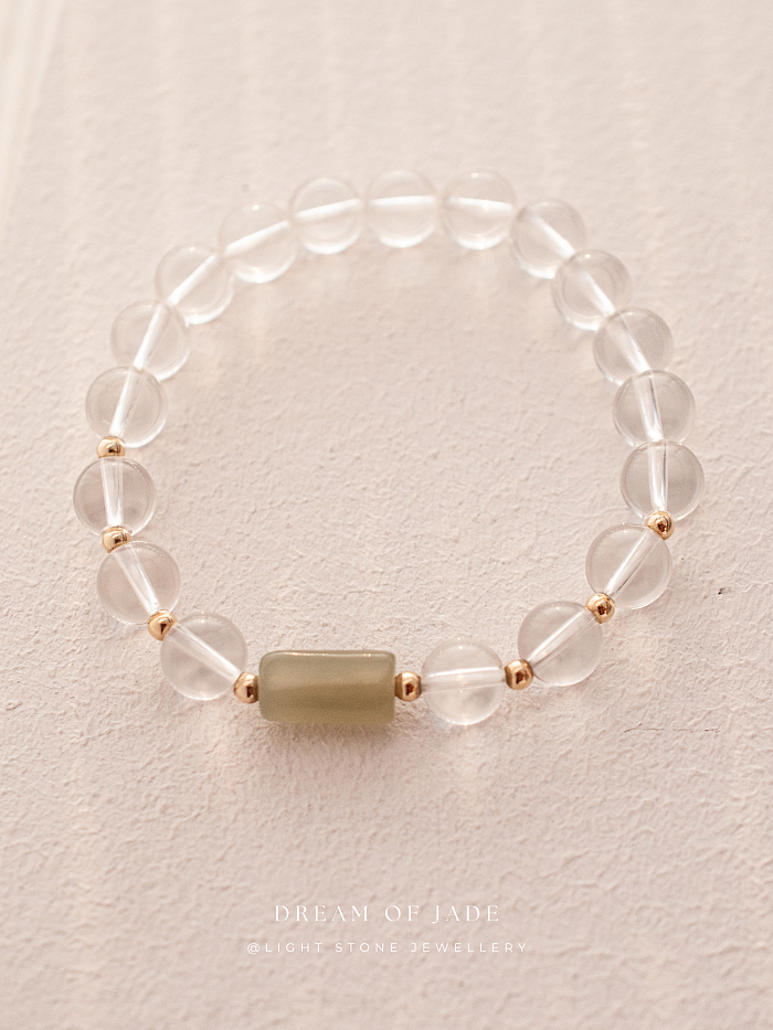 Misty Glimmer Bracelet with Hetian Green Jade, Clear Quartz, and 14k Gold-Filled Spacer Beads - Stretchable Design