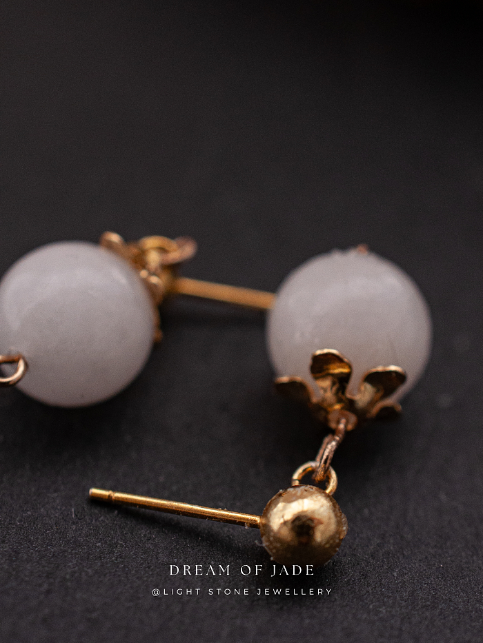 White Dew Earrings with Hetian White Jade and Gold-Plated Sterling Silver, Minimalist Design