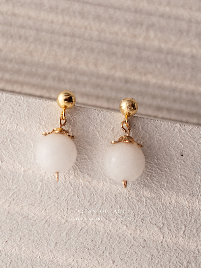 White Dew Earrings with Hetian White Jade and Gold-Plated Sterling Silver, Minimalist Design