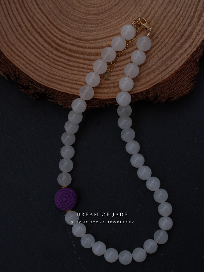 Sunlit Blossom｜Hetian White Jade Necklace | Purple Lepidolite｜Beaded Necklace