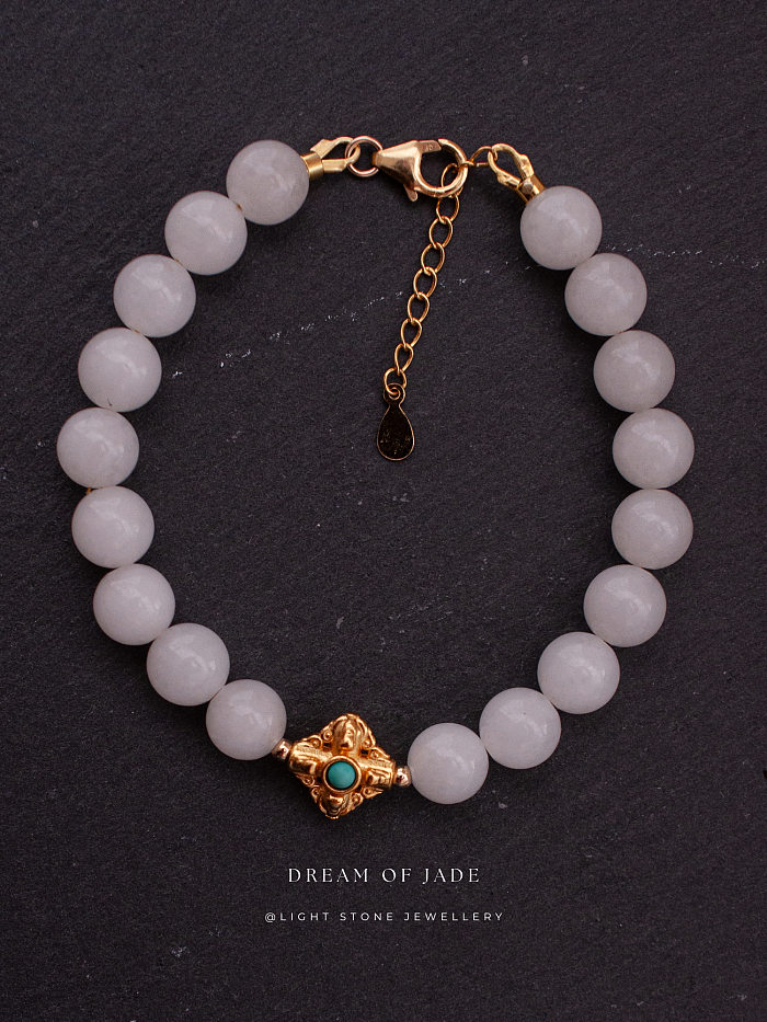 Blessing Bead｜Hetian White Jade Bracelet | Turquoise Inlay｜Gold-Plated Silver