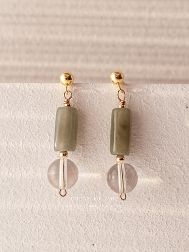 Misty Glimmer｜Hetian Green Jade Earrings | Clear Crystal｜Gold-Plated Silver