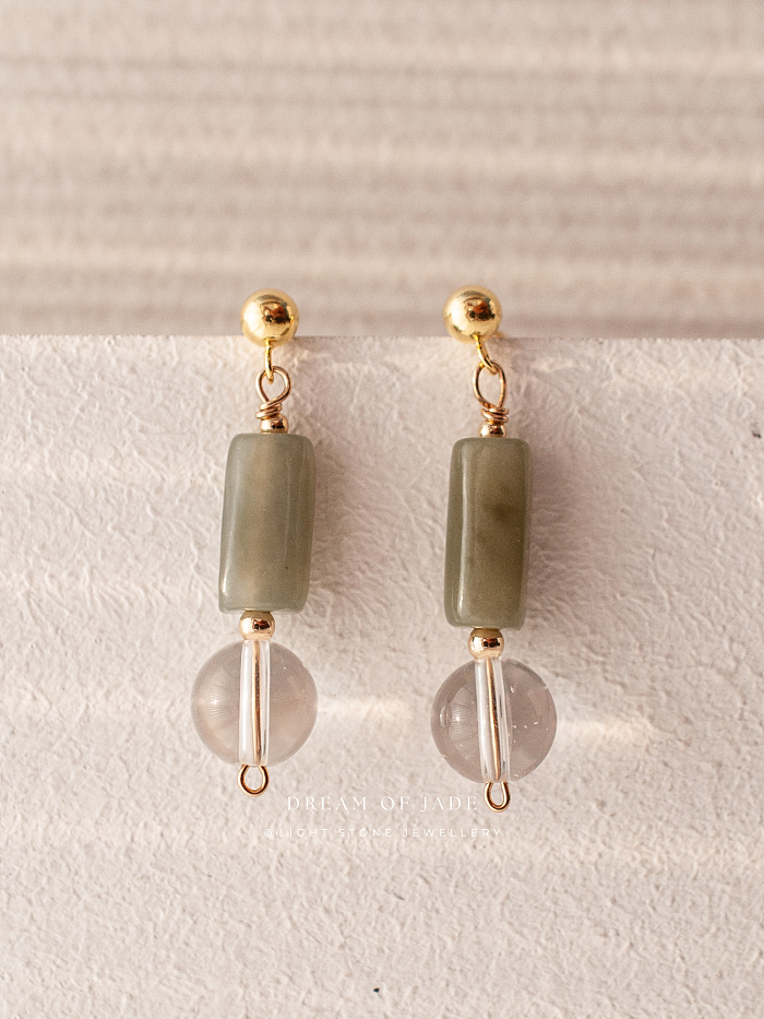 Misty Glimmer Earrings with Hetian Green Jade, Crystal, and Gold-Plated Sterling Silver