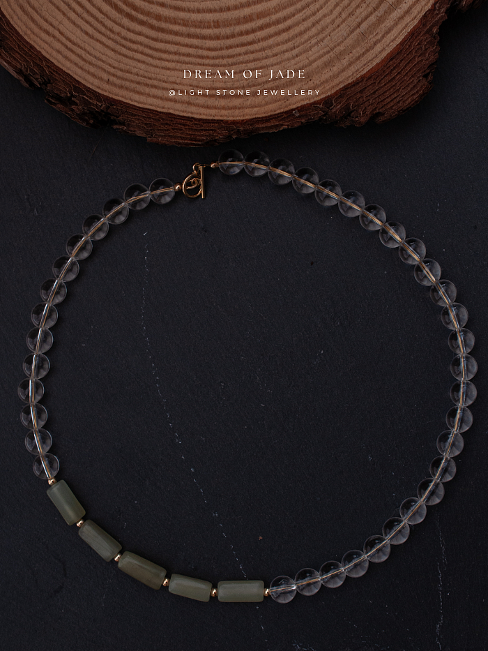 Misty Glimmer Necklace with Hetian Green Jade and Clear Quartz Beads - Handmade Ethereal Jewelry