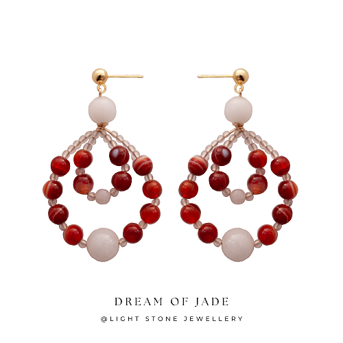 Crimson Elegance｜Banded Agate & White Jade Earrings | 925 Gold-Plated Silver | 14k Gold-Filled Wire