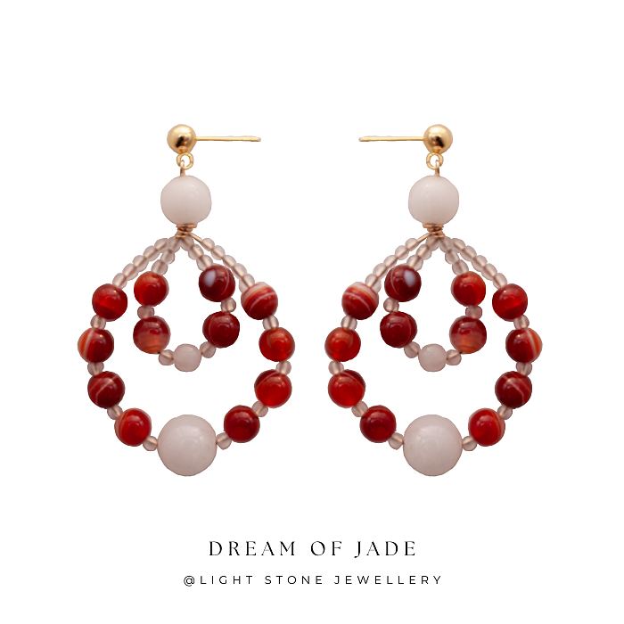 Crimson Elegance｜Banded Agate & White Jade Earrings | 925 Gold-Plated Silver | 14k Gold-Filled Wire
