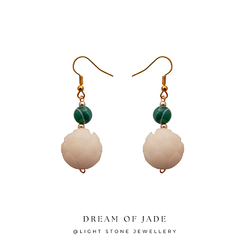 Lotus Blessing｜Hand-Carved Bodhi Seed & Green Banded Agate Earrings | 925 Gold-Plated Silver