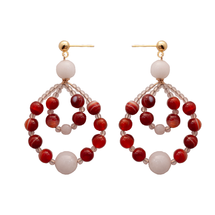 Crimson Elegance｜Banded Agate & White Jade Earrings | 925 Gold-Plated Silver | 14k Gold-Filled Wire