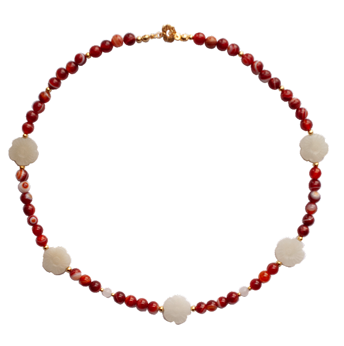White Plum Flower Red Glow｜White Hetian Jade and Red Agate Necklace｜Beaded Necklace