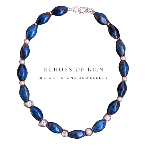 Starry Night - Echoes of Kiln ｜Handmade Ceramic Beaded Necklace | Sterling Silver Pearl Necklace