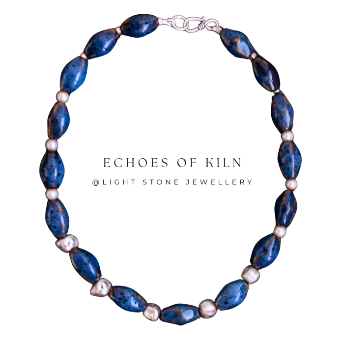 Starry Night - Echoes of Kiln ｜Handmade Ceramic Beaded Necklace | Sterling Silver Pearl Necklace