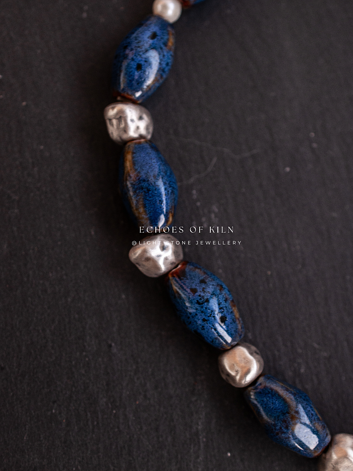 Starry Night - Echoes of Kiln ｜Handmade Ceramic Beaded Necklace | Sterling Silver Pearl Necklace