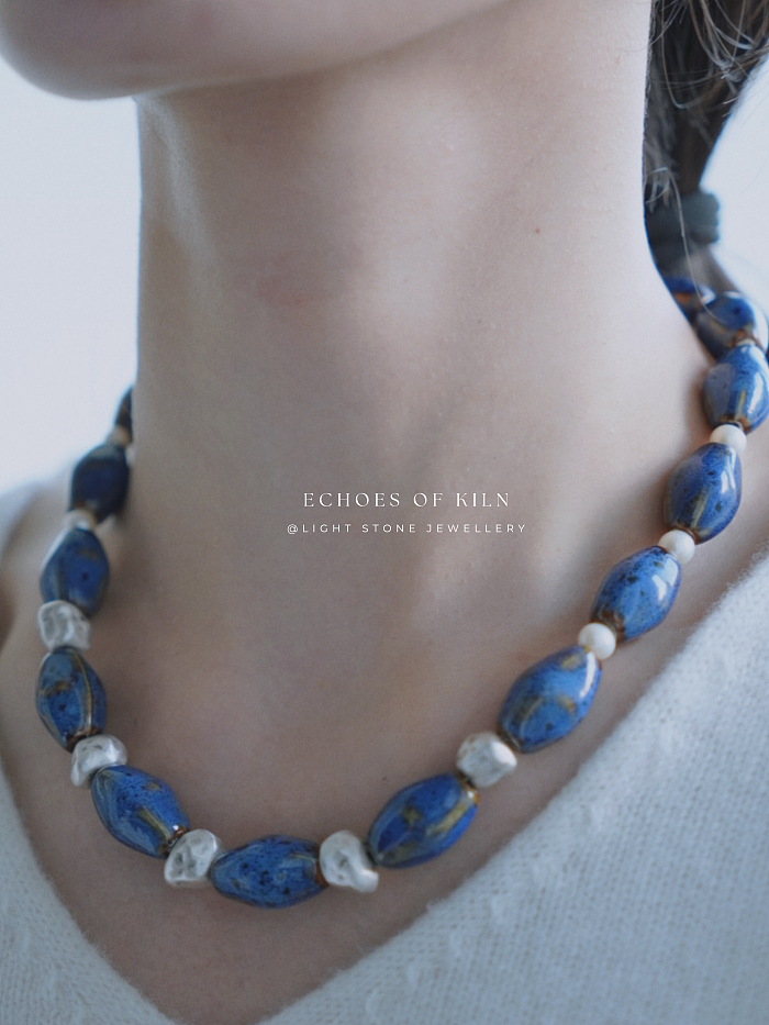 Starry Night - Echoes of Kiln ｜Handmade Ceramic Beaded Necklace | Sterling Silver Pearl Necklace