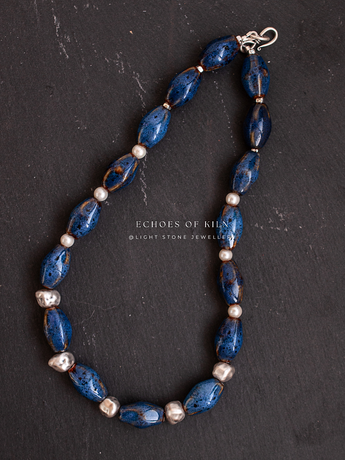 Starry Night - Echoes of Kiln ｜Handmade Ceramic Beaded Necklace | Sterling Silver Pearl Necklace