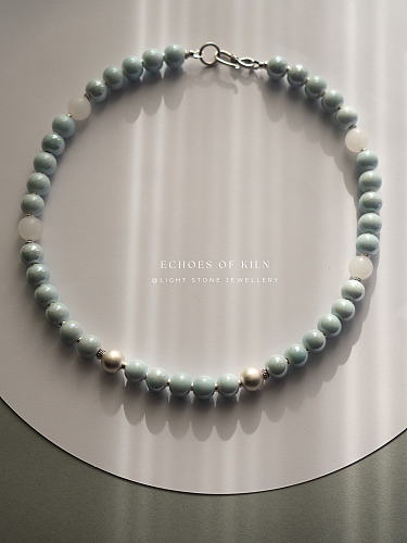 Sky After Rain - Echoes of Kiln ｜Handmade Ceramic Beaded Necklace | Sterling Silver Pearl Necklace