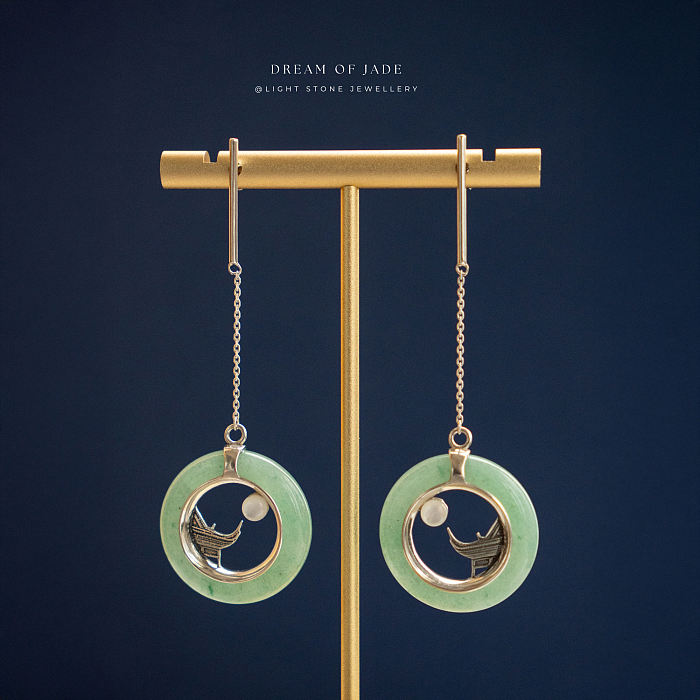 Mountain Moon Earrings | Dream of Jade | Handcrafted Dongling Jade Earrings | 925 Silver | Unique Temple Roof Design with Moon