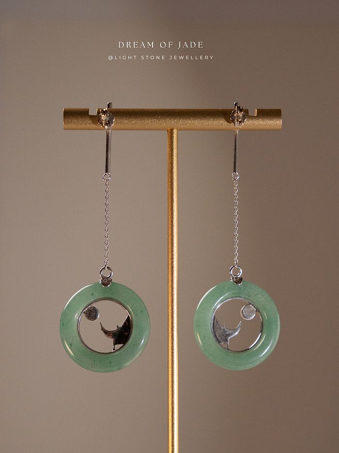 Mountain Moon Earrings | Dream of Jade | Handcrafted Dongling Jade Earrings | 925 Silver | Unique Temple Roof Design with Moon