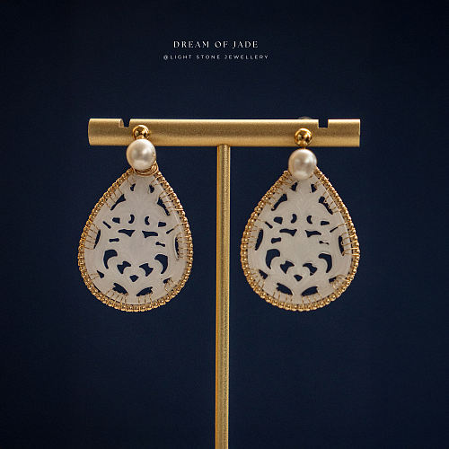 White Jadeite Flower Earrings | Dream of Jade | Handcrafted Jade Earrings | 14K Gold-Filled Accents | Freshwater Pearls