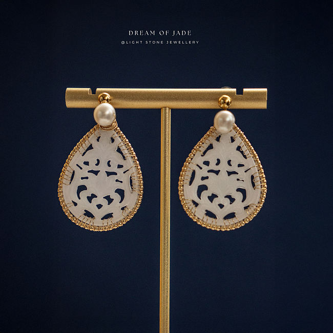 White Jadeite Flower Earrings | Dream of Jade | Handcrafted Jade Earrings | 14K Gold-Filled Accents | Freshwater Pearls