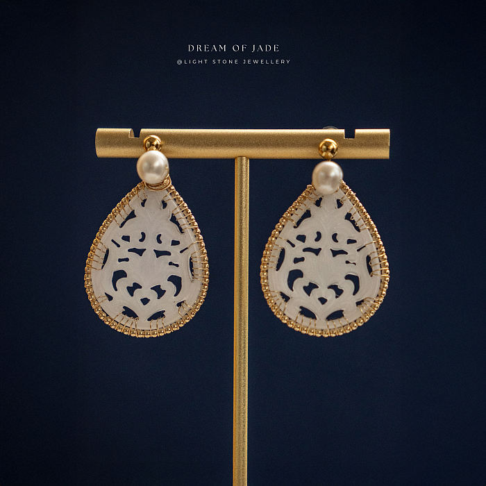White Jadeite Flower Earrings | Dream of Jade | Handcrafted Jade Earrings | 14K Gold-Filled Accents | Freshwater Pearls