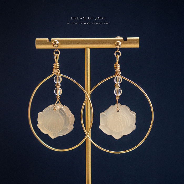 Lotus Earrings | Dream of Jade | Handcrafted White Calcedony Lotus Earrings | 14K Gold-Plated Hooks | Modern Design