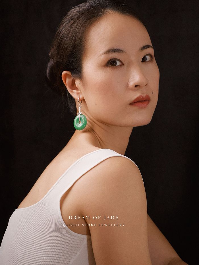 Peace Disc Earrings | Dream of Jade | Handcrafted Green Jade Peace Button Earrings | 925 Silver Plated Hooks | Modern Design