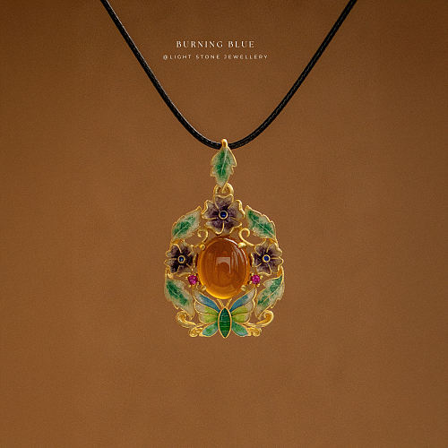 Butterfly in Forest Necklace | Burning Blue Collection | Silver Filigree Enamel Necklace | Amber Butterfly Pendant | 925 Silver Pendant