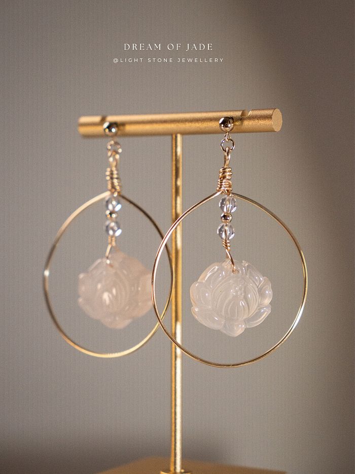 Lotus Earrings | Dream of Jade | Handcrafted White Calcedony Lotus Earrings | 14K Gold-Plated Hooks | Modern Design