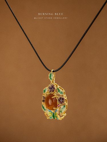 Butterfly in Forest Necklace | Burning Blue Collection | Silver Filigree Enamel Necklace | Amber Butterfly Pendant | 925 Silver Pendant