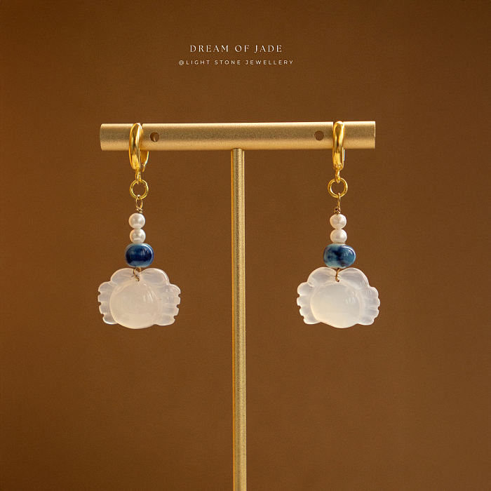 Crab Earrings | Dream of Jade | Handcrafted Chalcedony Earrings | Porcelain & Freshwater Pearl Accents | 925 Silver Gold-Plated Hooks