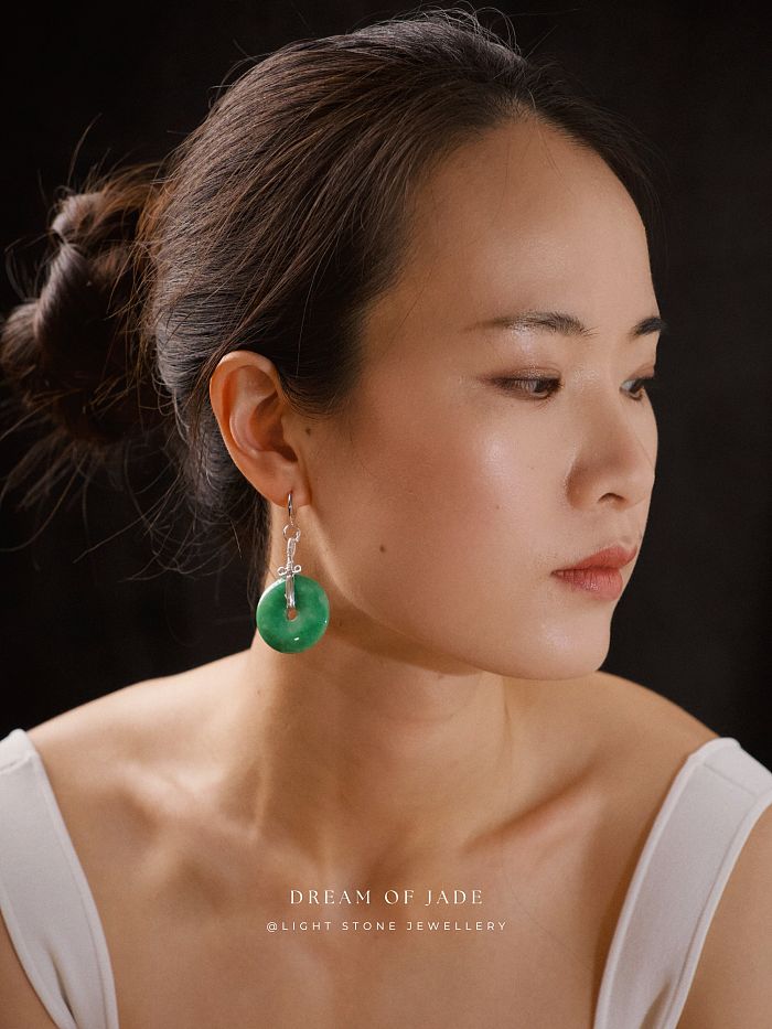 Peace Disc Earrings | Dream of Jade | Handcrafted Green Jade Peace Button Earrings | 925 Silver Plated Hooks | Modern Design