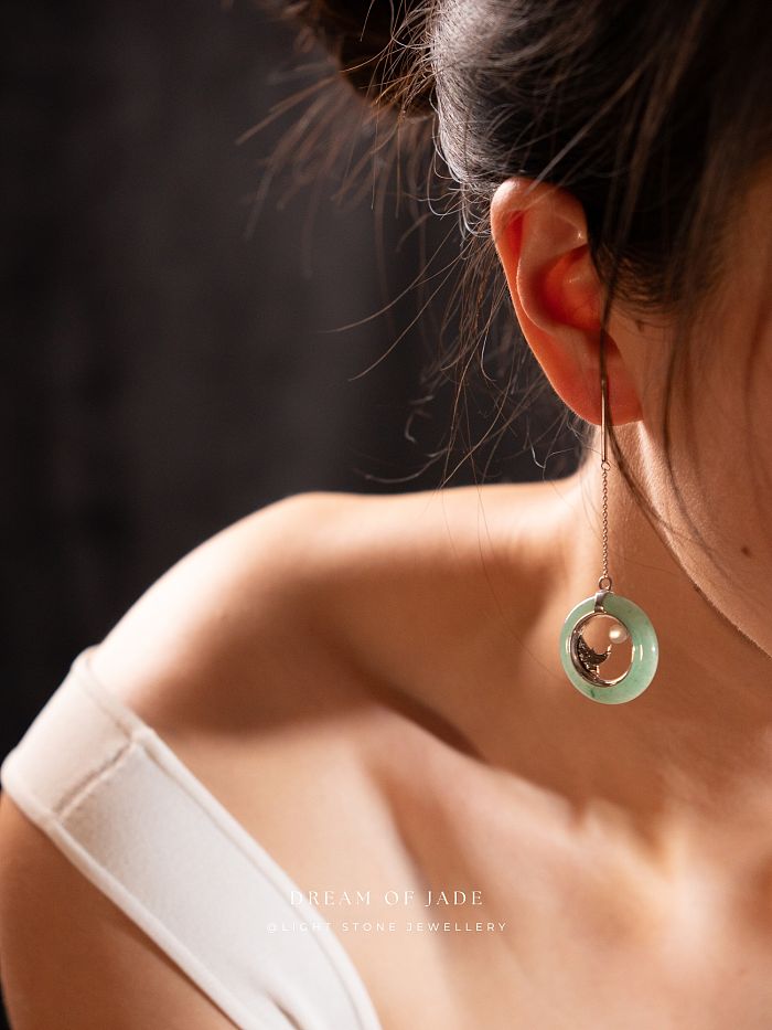 Mountain Moon Earrings | Dream of Jade | Handcrafted Dongling Jade Earrings | 925 Silver | Unique Temple Roof Design with Moon