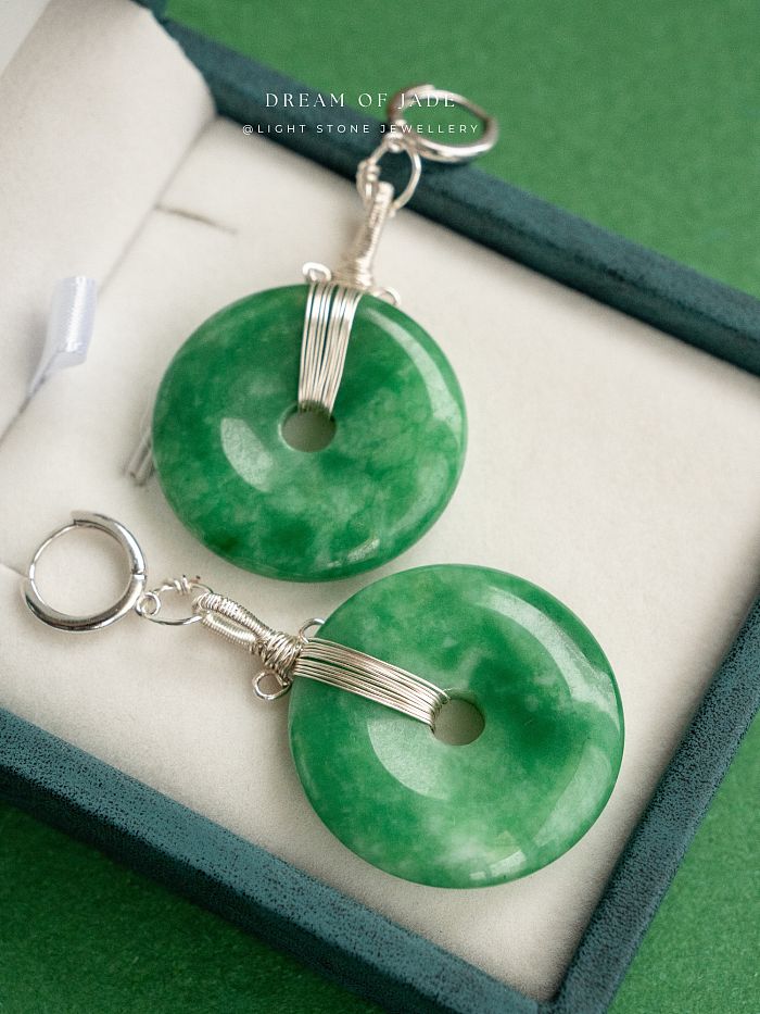 Peace Disc Earrings | Dream of Jade | Handcrafted Green Jade Peace Button Earrings | 925 Silver Plated Hooks | Modern Design