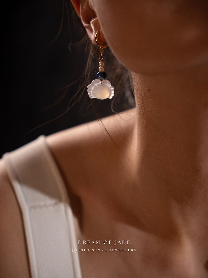 Crab Earrings | Dream of Jade | Handcrafted Chalcedony Earrings | Porcelain & Freshwater Pearl Accents | 925 Silver Gold-Plated Hooks
