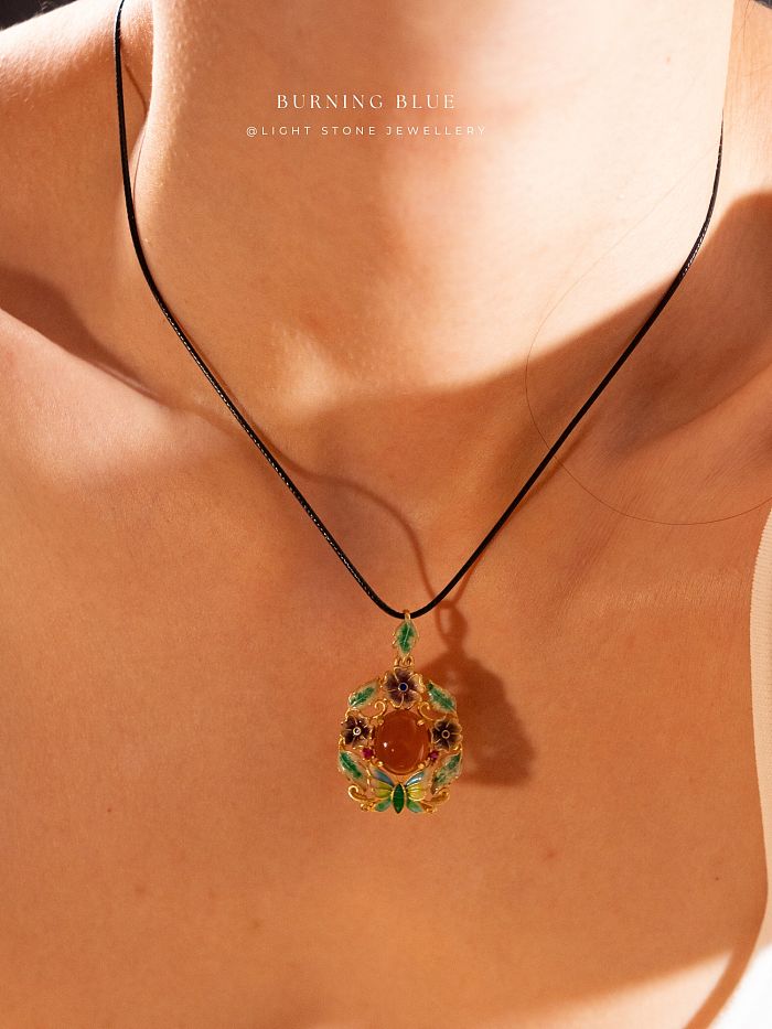 Butterfly in Forest Necklace | Burning Blue Collection | Silver Filigree Enamel Necklace | Amber Butterfly Pendant | 925 Silver Pendant