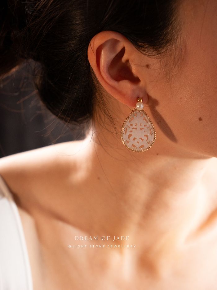 White Jadeite Flower Earrings | Dream of Jade | Handcrafted Jade Earrings | 14K Gold-Filled Accents | Freshwater Pearls