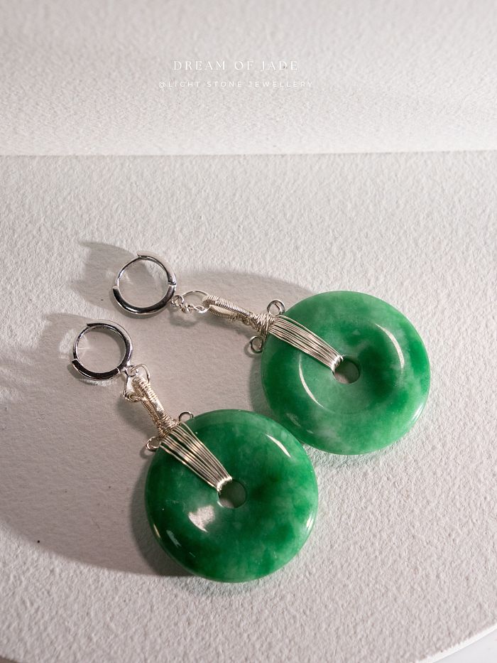 Peace Disc Earrings | Dream of Jade | Handcrafted Green Jade Peace Button Earrings | 925 Silver Plated Hooks | Modern Design