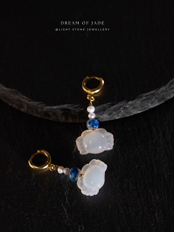 Crab Earrings | Dream of Jade | Handcrafted Chalcedony Earrings | Porcelain & Freshwater Pearl Accents | 925 Silver Gold-Plated Hooks