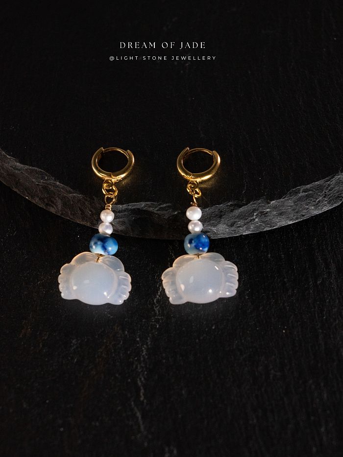 Crab Earrings | Dream of Jade | Handcrafted Chalcedony Earrings | Porcelain & Freshwater Pearl Accents | 925 Silver Gold-Plated Hooks