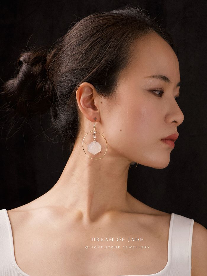 Lotus Earrings | Dream of Jade | Handcrafted White Calcedony Lotus Earrings | 14K Gold-Plated Hooks | Modern Design