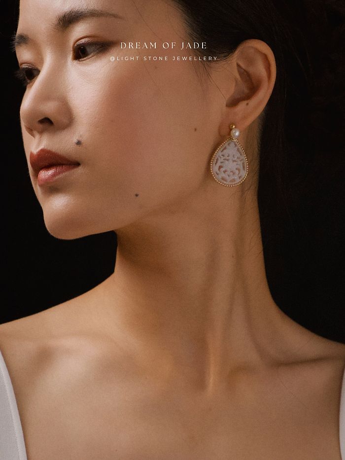White Jadeite Flower Earrings | Dream of Jade | Handcrafted Jade Earrings | 14K Gold-Filled Accents | Freshwater Pearls