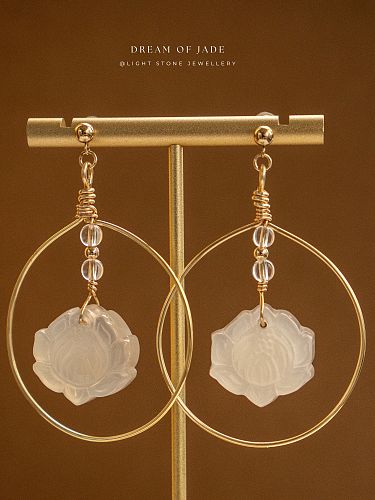 Lotus Earrings | Dream of Jade | Handcrafted White Calcedony Lotus Earrings | 14K Gold-Plated Hooks | Modern Design