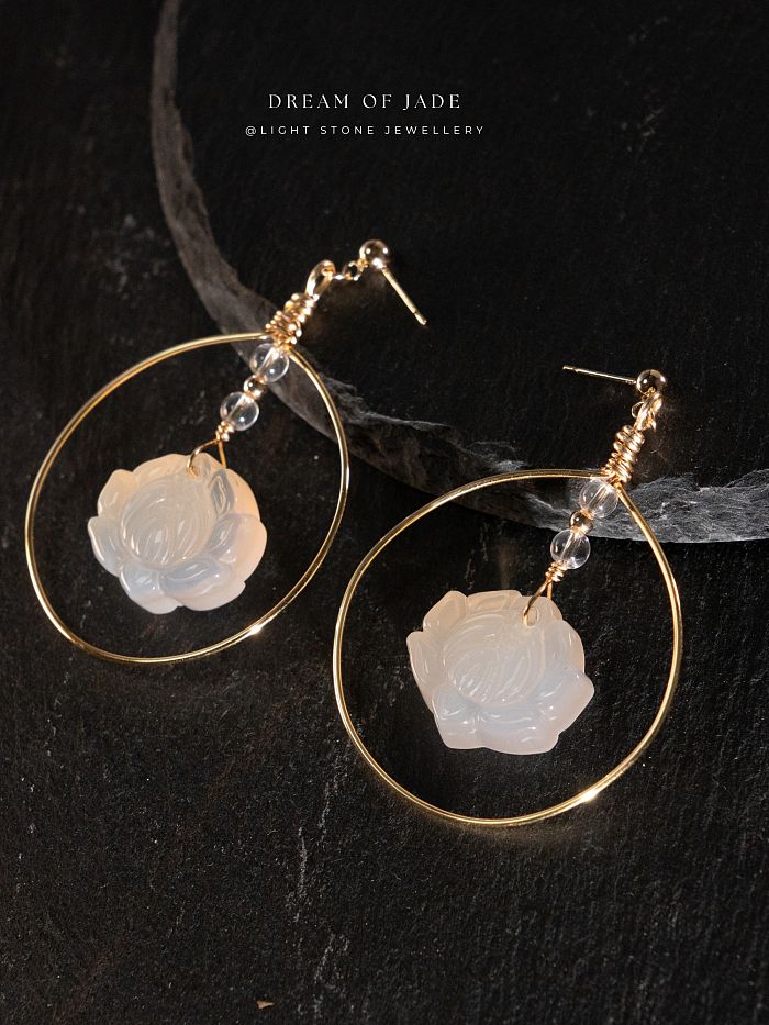 Lotus Earrings | Dream of Jade | Handcrafted White Calcedony Lotus Earrings | 14K Gold-Plated Hooks | Modern Design